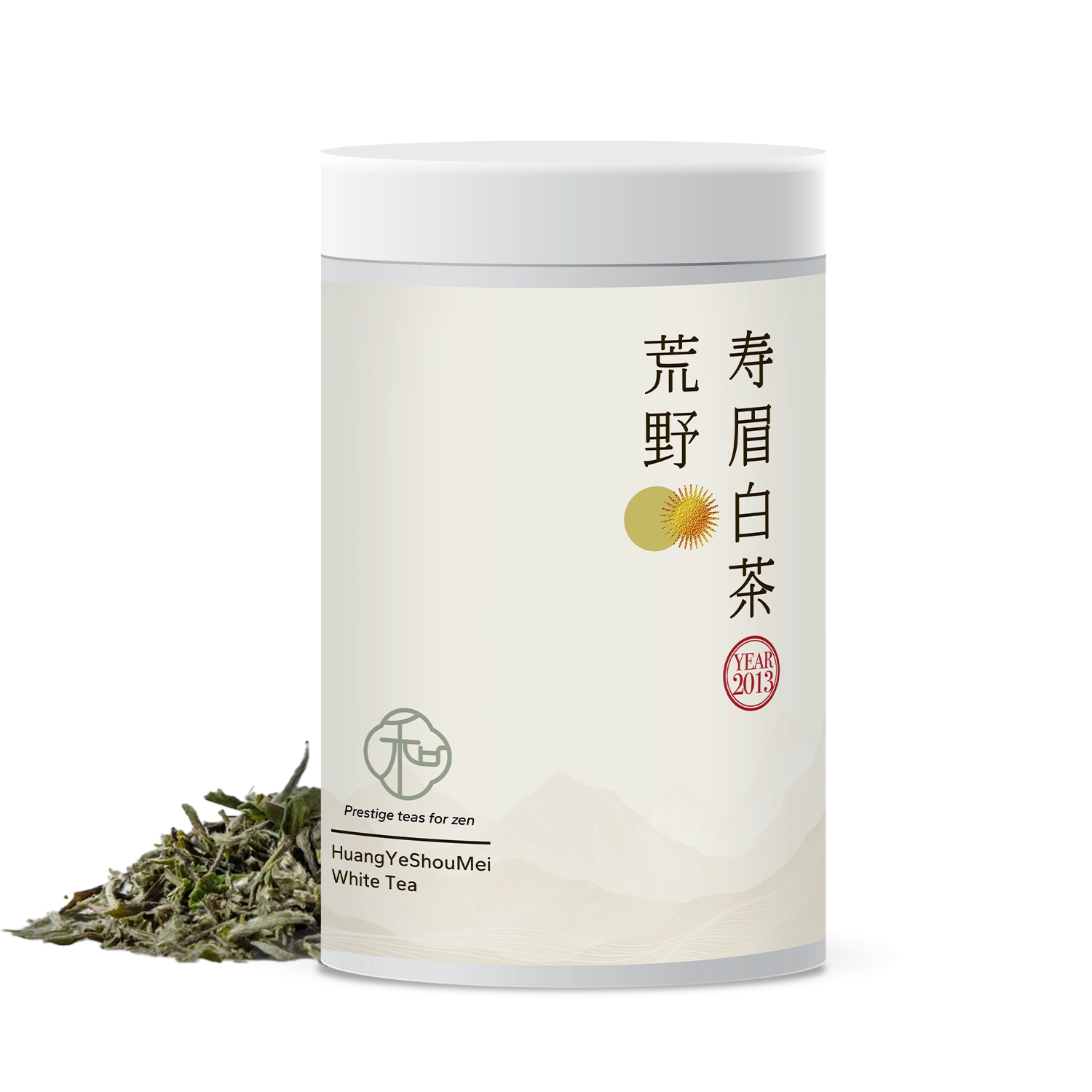 Single tea tin of luxury chinese huangyeshoumei loose white tea packaged in branded elegant white tea tin