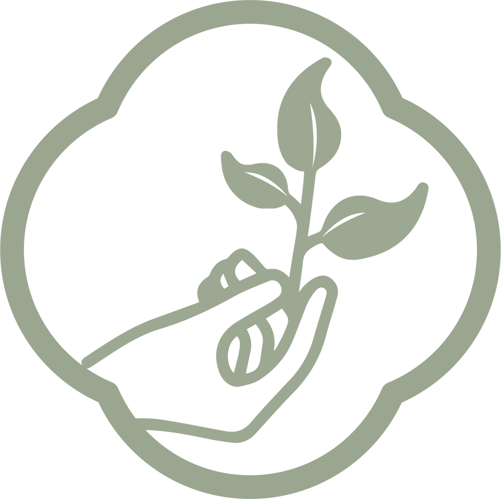 an icon of a hand holding a chinese tea leaf with the shape of hetea logo around it