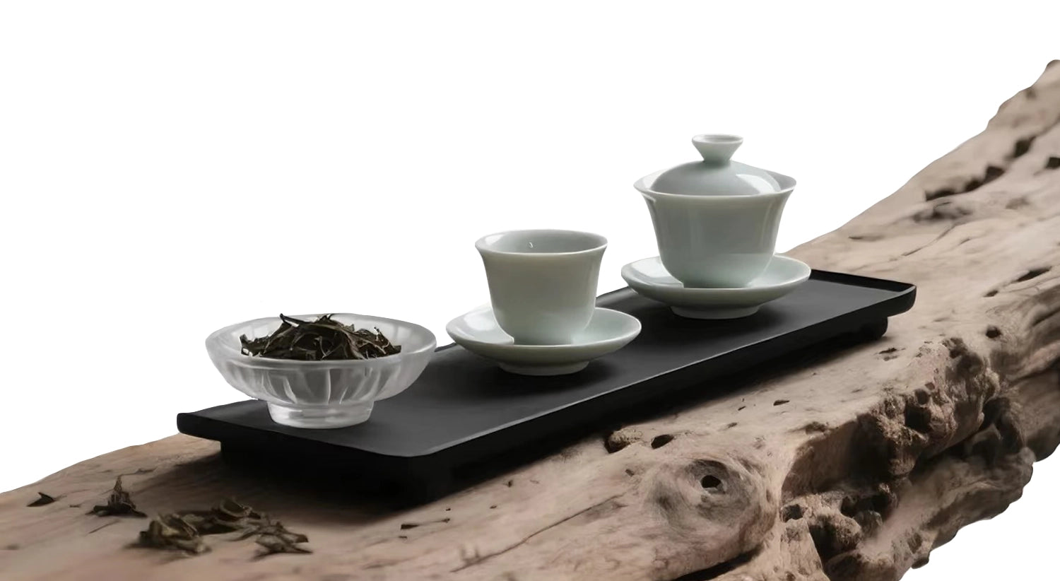 chinese tea cups and tea arrange horizontally on a tree branch with luxury chinese ancient tree  puer tea leaves in a bowl