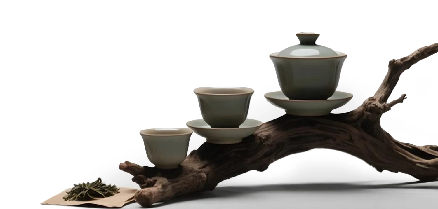 a set of chinese tea cups arrange horizontally on a tree branch with luxury loose chinese white tea leaves 