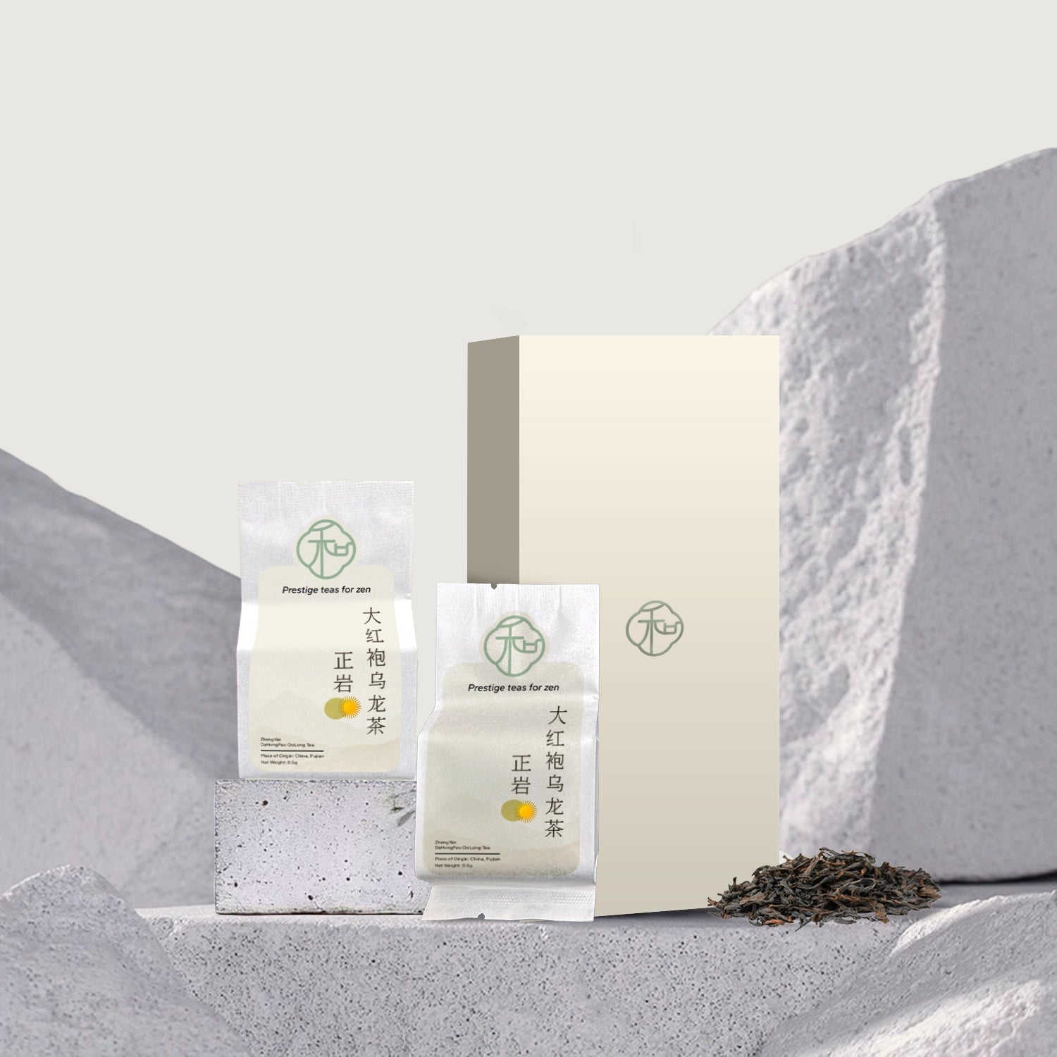 duo set of luxury chinese zhengyan dahongpao loose oolong tea packaged in elegant white and gold packaging