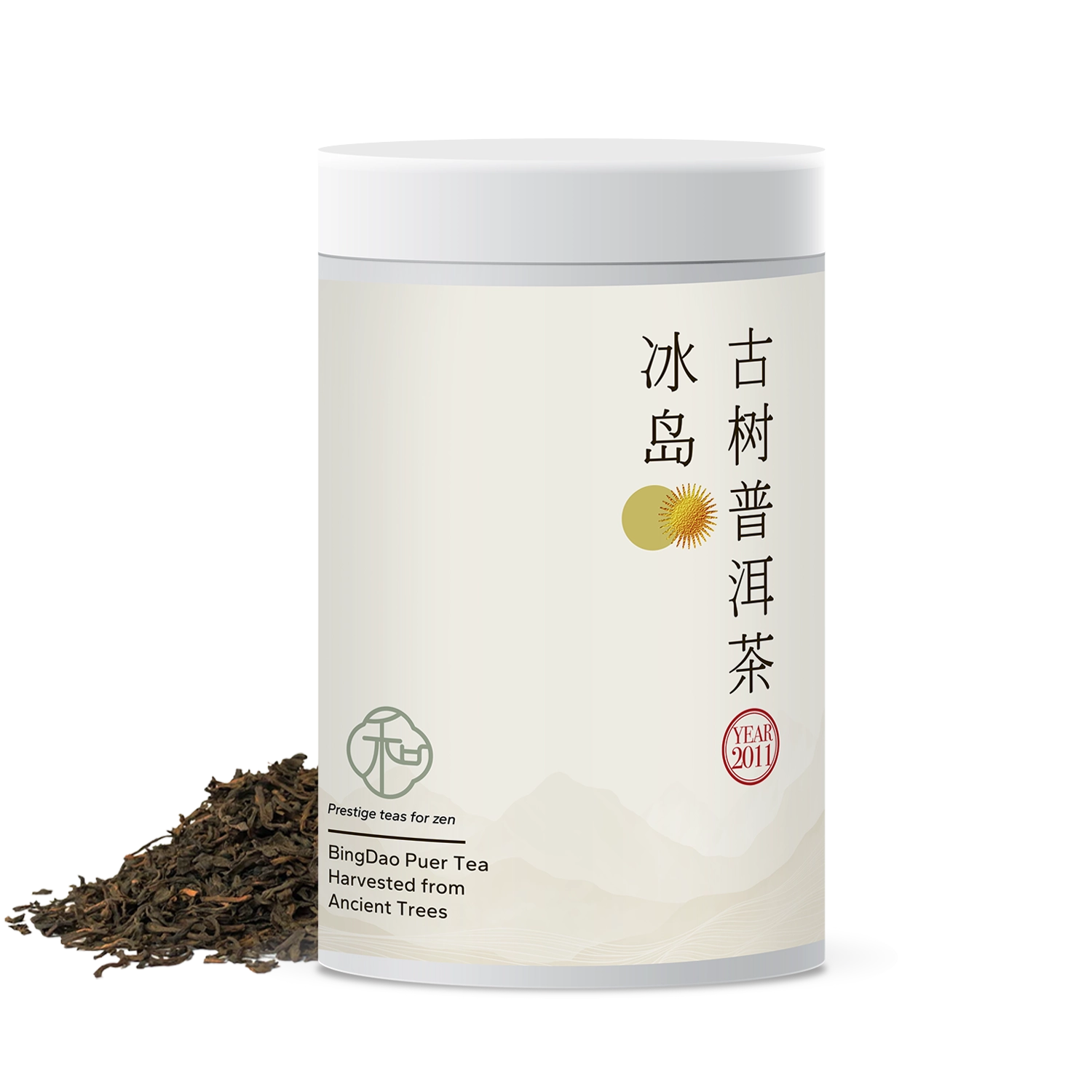 Single tea tin of luxury chinese ancient tree bingdao loose puer tea packaged in branded elegant white tea tin