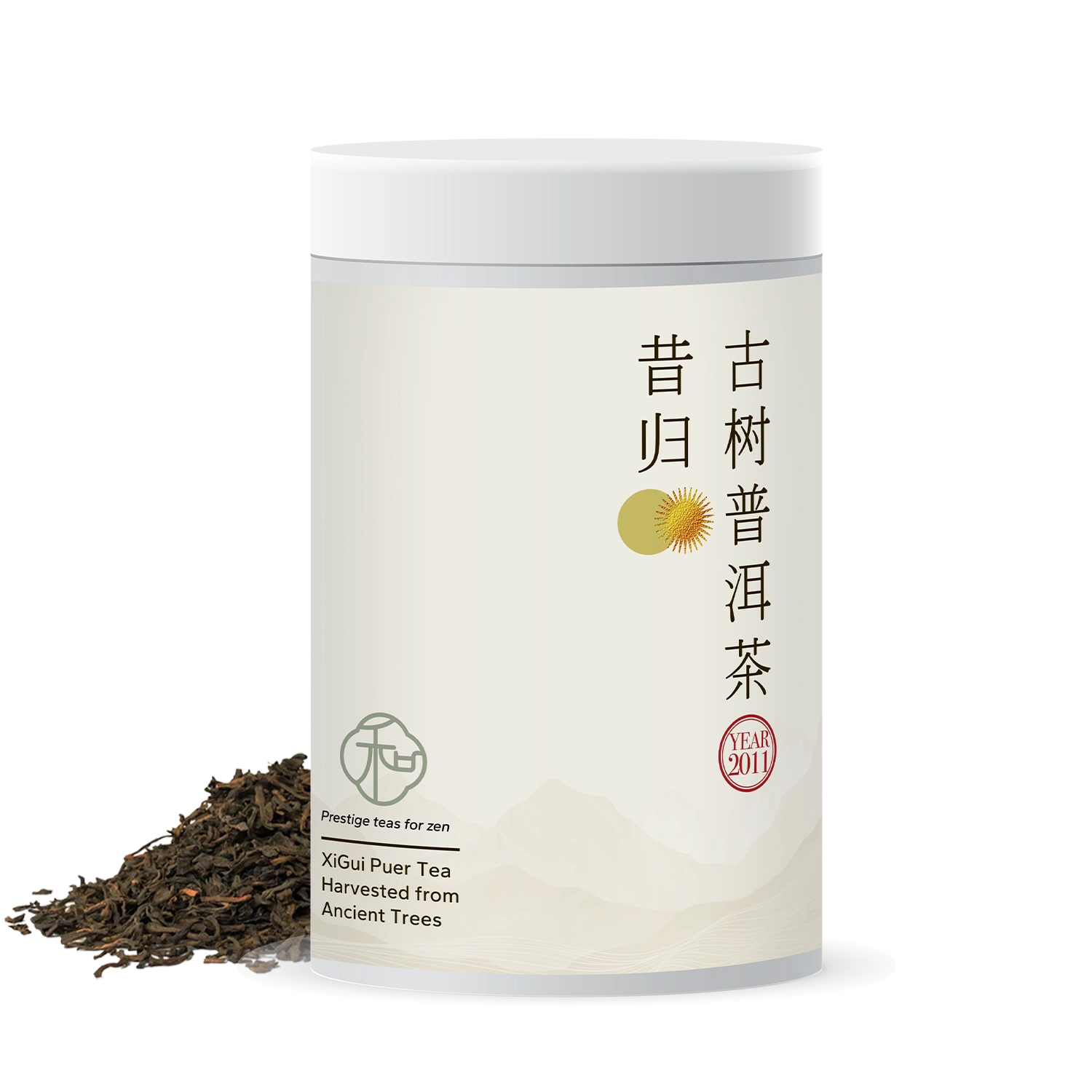 Single tea tin of luxury chinese ancient tree xigui loose puer tea packaged in branded elegant white tea tin