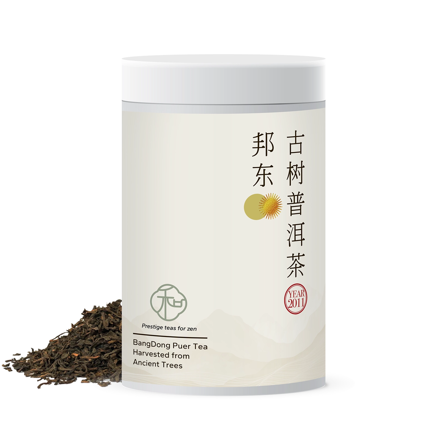 Single tea tin of luxury chinese ancient tree bangdong loose puer tea packaged in branded elegant white tea tin